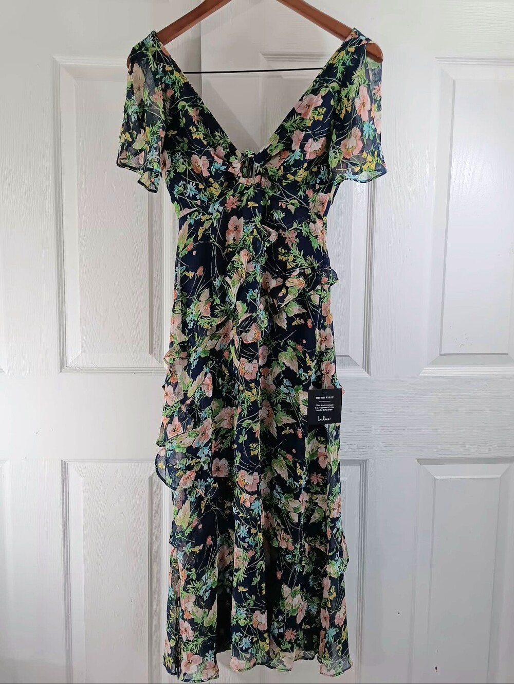 Lulus Blue Floral Print Ruffled Chiffon Backless Midi Dress Fairycore Garden- XS